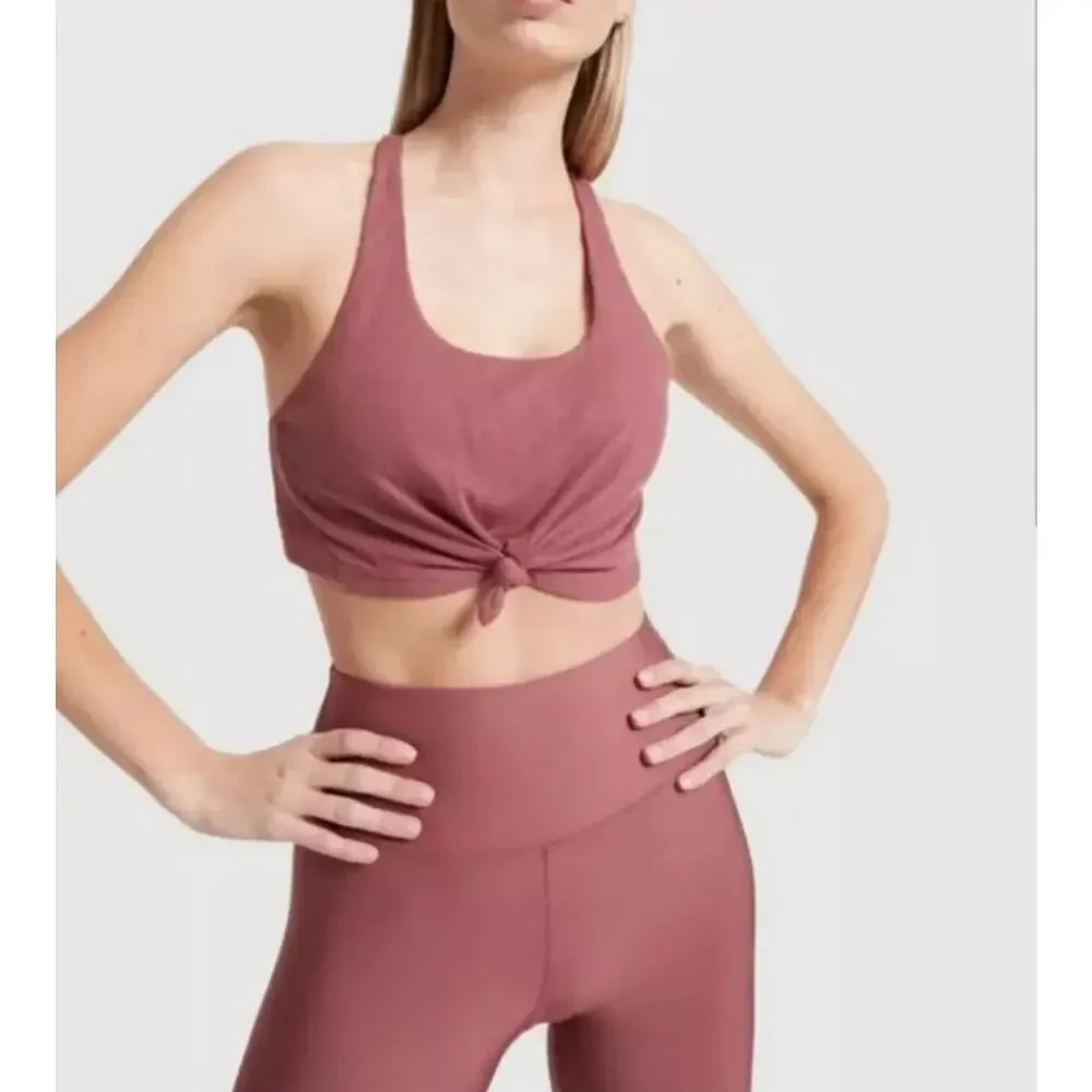 Alo Yoga Knot Tank Cropped Bra Scoop Neck Racerback Ribbed In Pink Size XS